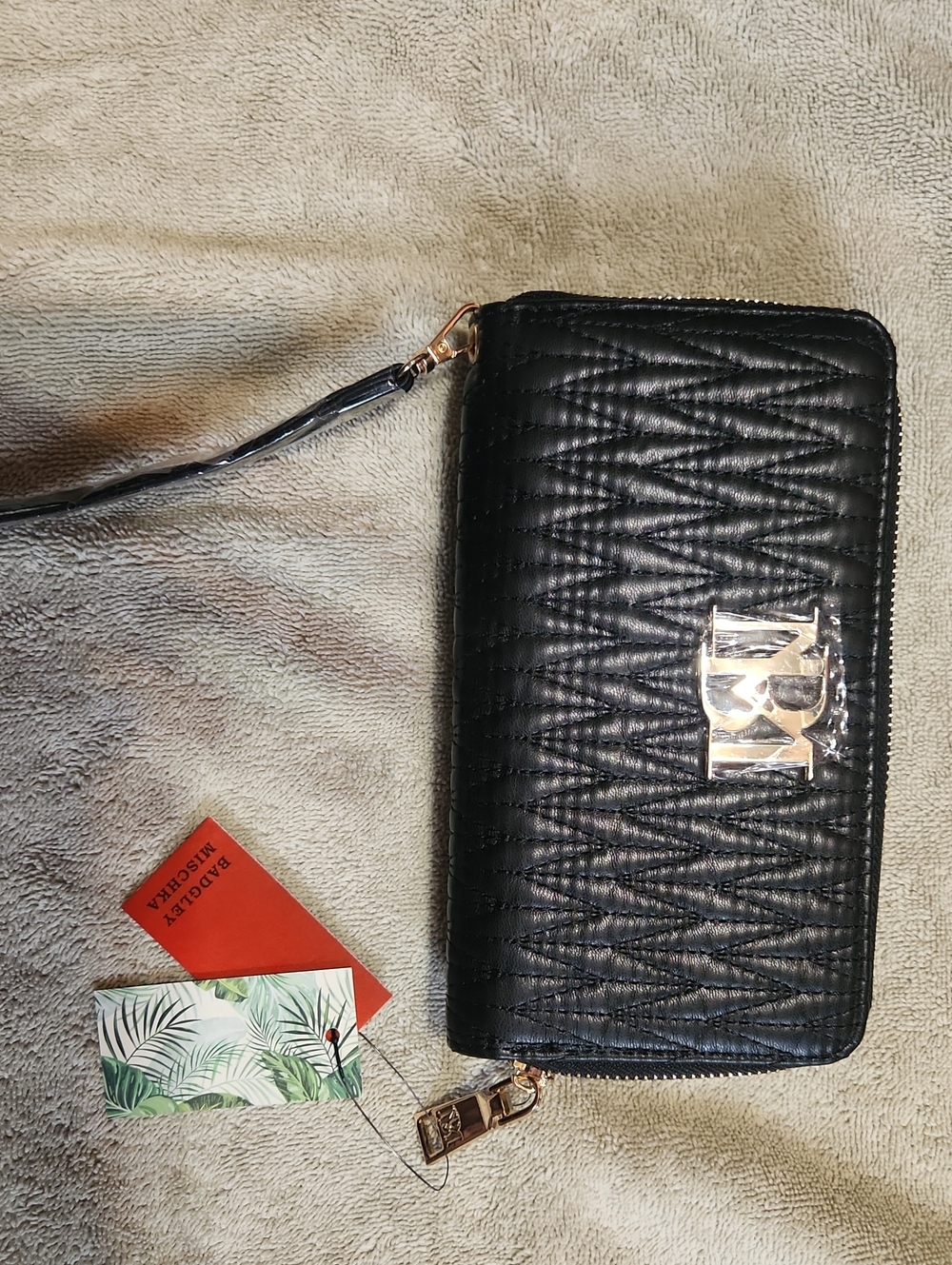 Badgley Mischka Black Quilted Wristlet Wallet with Gold Hardware